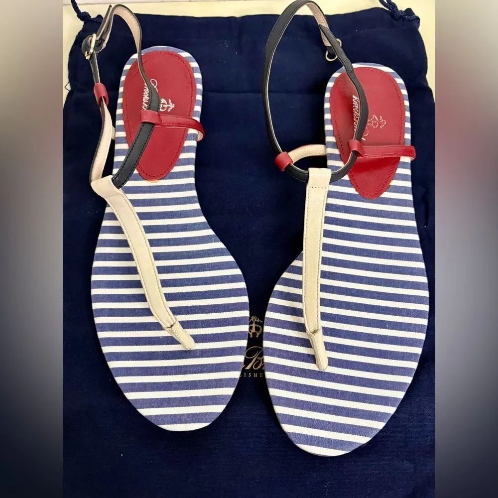 NWT Brooks Brothers Navy Blue striped sandals withGold Logo Dust Bag sz 8.5